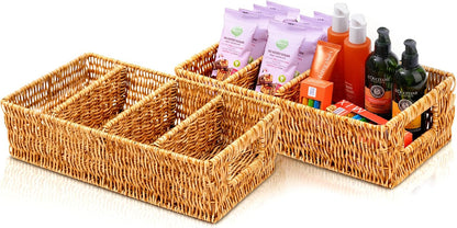 Nature-Inspired Rattan Pantry Organizer Baskets Set of 2 with 3 Removable Dividers – Handwoven Storage Bins for Kitchen or Bathroom Organization, Ideal for Snacks, Coffee & Tea (13” x 7.3” x 3.7”)