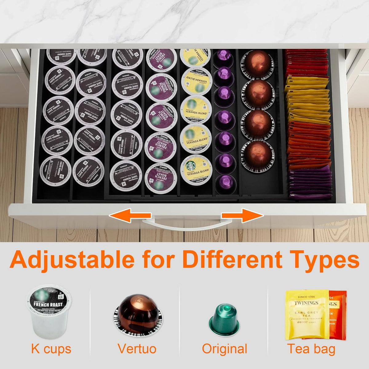 MinBoo Bamboo K Cup Holder for Drawer or Countertop Coffee Pod Holder Expandable K Cup Pod Storage Tea bag organizer K Cup Storage for Coffee Station Home Office and Kitchen
