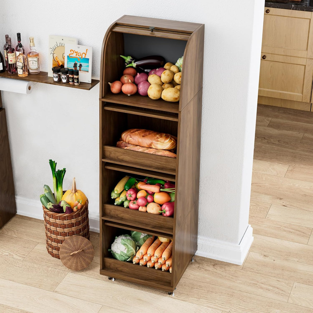 4 Tier Narrow Potato Storage Bin, Tall Wood Potato and Onion Storage Bin with Wheel, Movable Fruit and Vegetable Basket, Food Small Kitchen Pantry Cabinet, Wooden Bread Box, Walnut, Sliding Door