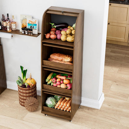 4 Tier Narrow Potato Storage Bin, Tall Wood Potato and Onion Storage Bin with Wheel, Movable Fruit and Vegetable Basket, Food Small Kitchen Pantry Cabinet, Wooden Bread Box, Walnut, Sliding Door