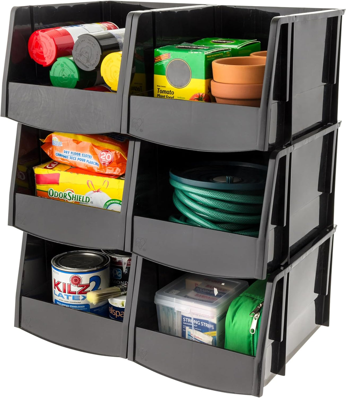 IRIS USA Medium Stackable Storage Bins, 11" L x 6" W x 5" H |Made in USA| Plastic Open Front Shelf Bin for Organizing Parts, Hardware, Tools, Supplies, Garage Shelf, Pantry - Black