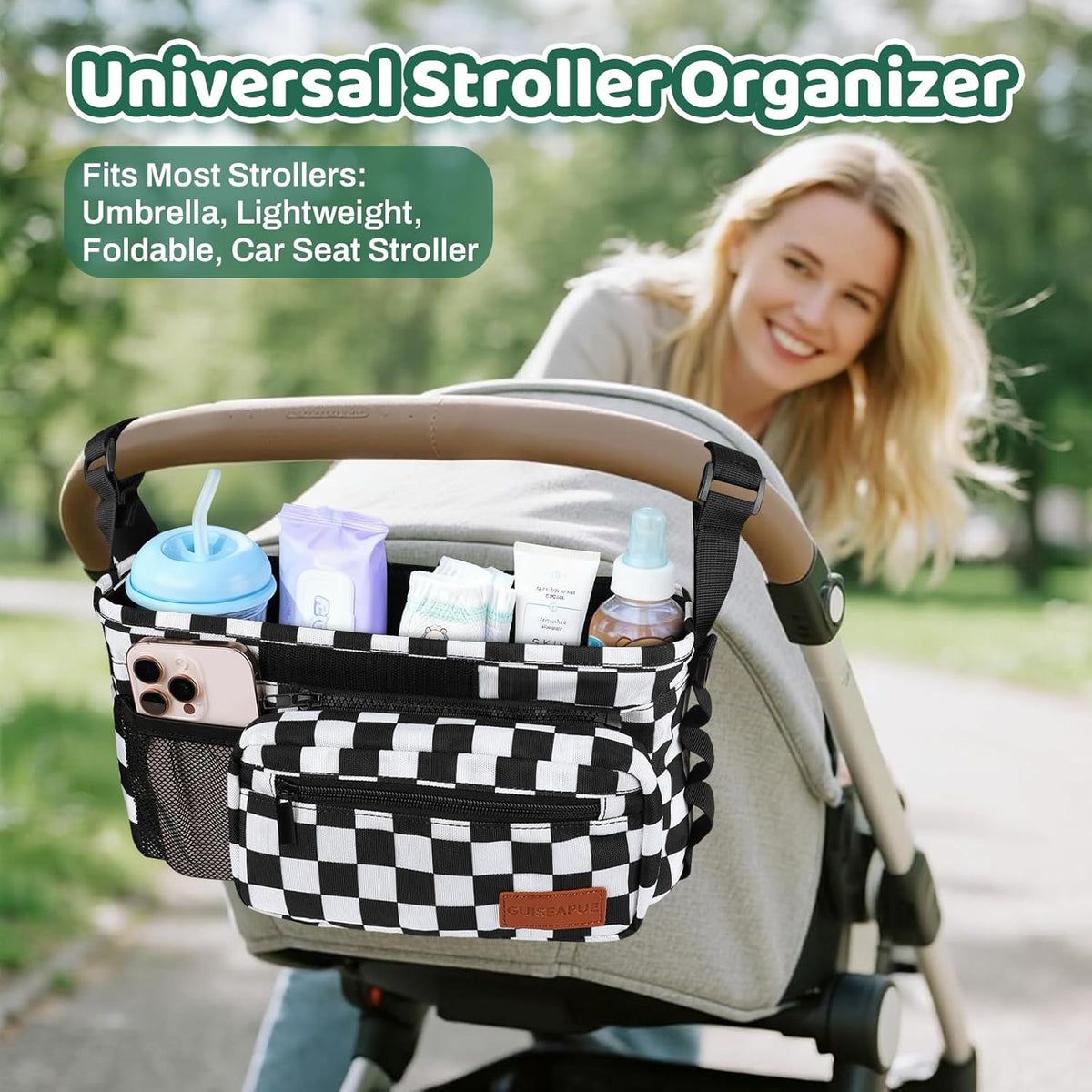 Guiseapue Universal Stroller Organizer with Cup Holder: Baby Essentials, Stroller Caddy Accessories with Detachable Phone Bag, Non-Slip Straps, Fits for Uppababy, Baby Jogger, New Moms Baby Gifts