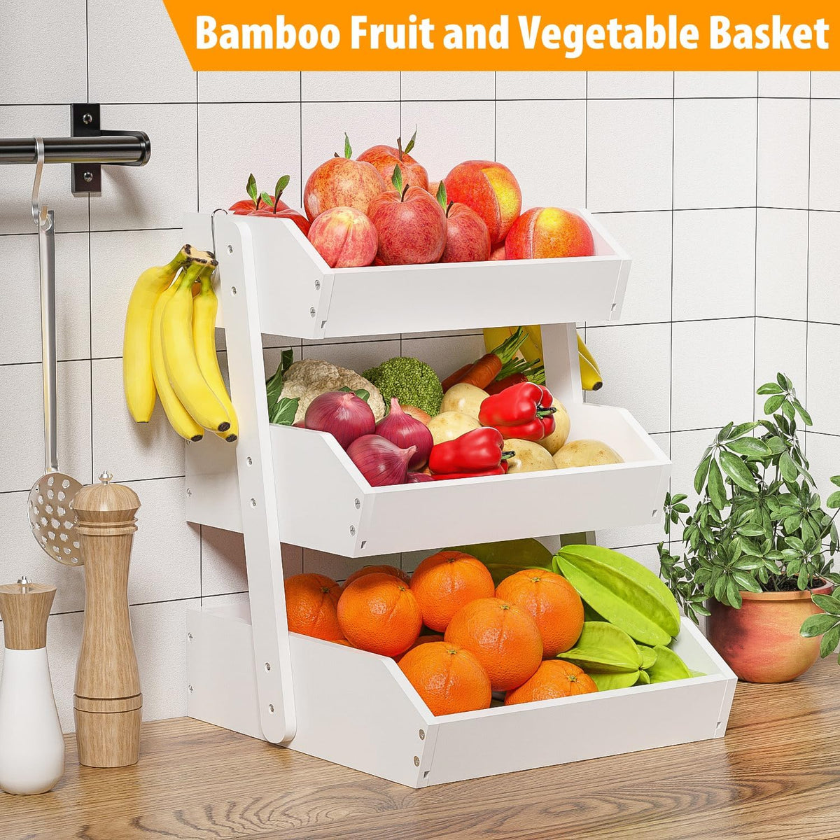 Gmtsl Bamboo Fruit Basket for Kitchen – 3 Tier Fruit Bowl For Kitchen Counter, Large Fruit Holder With 2 Banana Hangers, Idea For Fruit and Vegetable Storage, Bread Basket, Snack Organizer(BLACK)