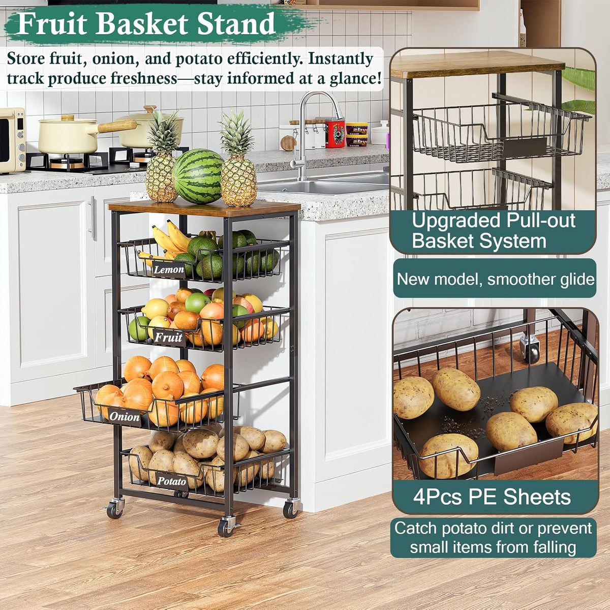 OKZEST 4-Tier Kitchen Storage Cart on Wheels – Mobile Fruit Basket Stand with Drawers & Wooden Top, Small Rolling Pantry Shelf for Potatoes, Onions, Bottled Drinks, Cans, Snacks – Includes 3 PE Liners