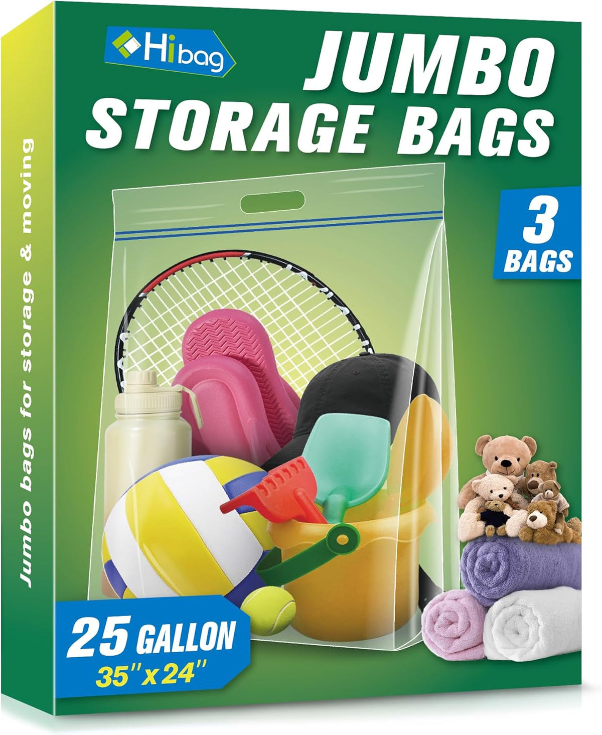 HIBAG 25 Gallon Jumbo Storage Bags, 35” x 24” Resealable Clear Bags with Handle, Extra Large XL Heavy Duty for Clothes Pillow Travel Moving, Pack of 3