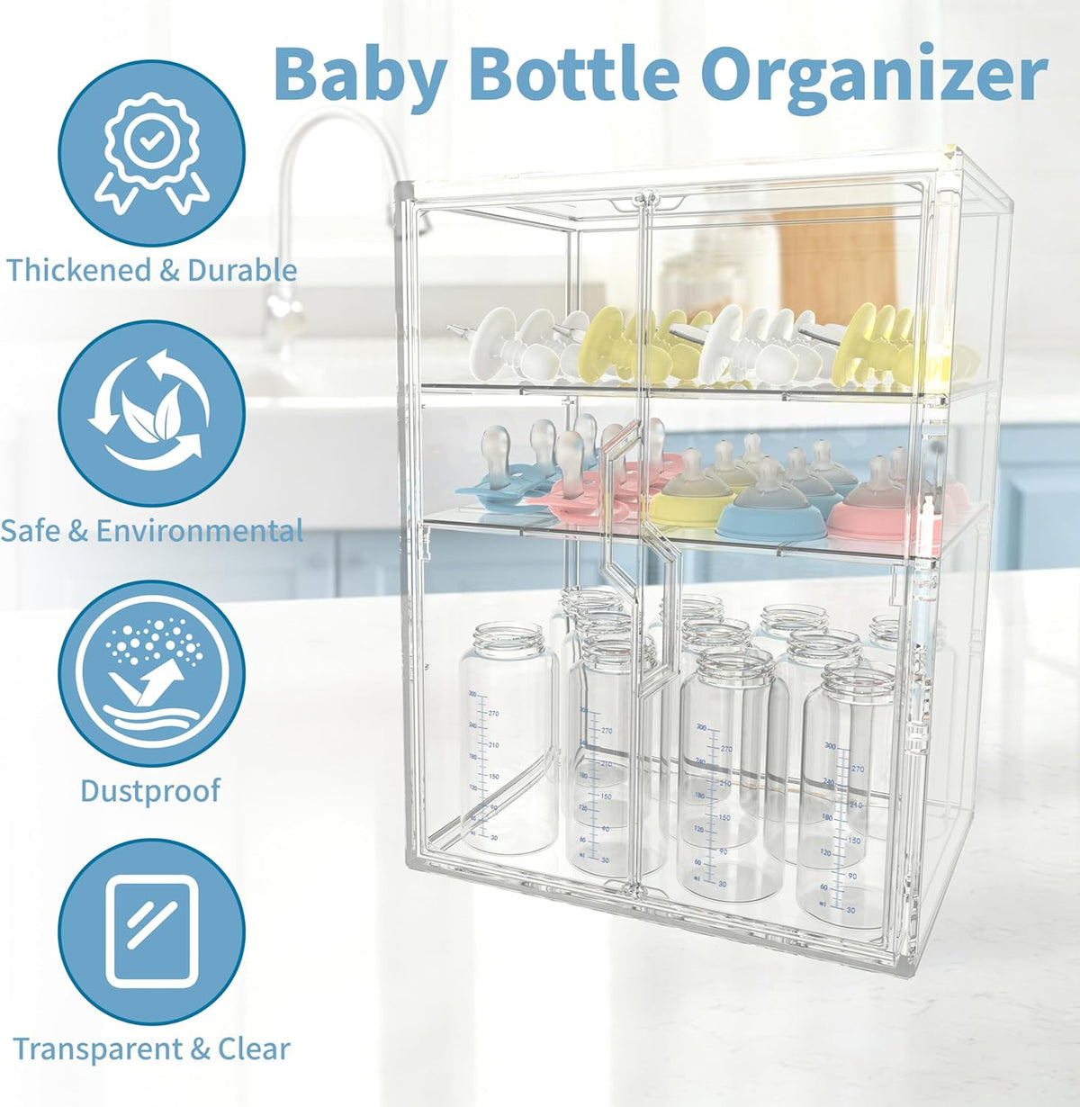 Baby Bottle Organizer, 3 Tiers Adjustable Bottle Storage Container for Countertop, Acrylic Bottle Station with 2 Removable Dividers and Double Magnetic Doors, Suitable for Kitchen Bathroom Vanity