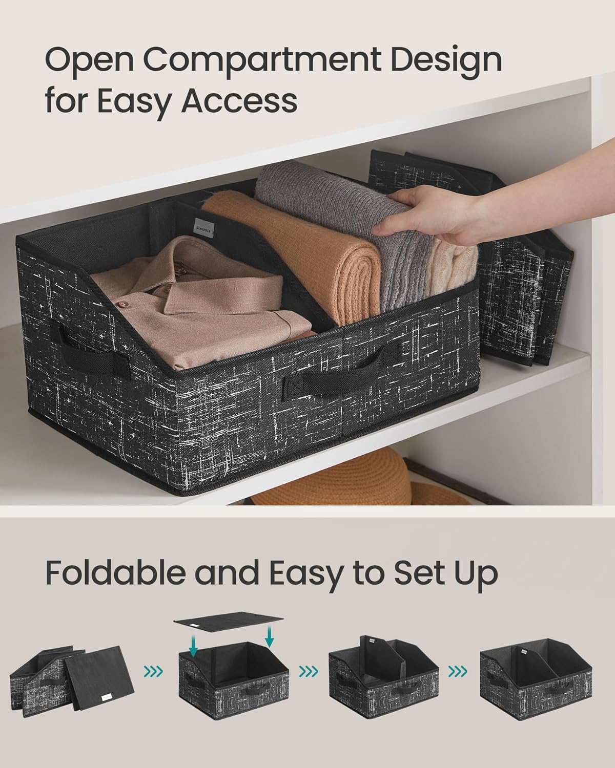 SONGMICS Set of 6 Storage Baskets, Foldable Storage Bins, Fabric Boxes, 15.7 x 11.8 x 7.9 Inches, Closet Storage Organizers, 3 Handles, for Bedroom, Living Room, Summer Sand URFB0140K01
