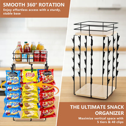 Chip Rack Display Stand, 5-Tier 360° Rotating Organizer with Top Storage Basket for Drinks & Spice Jars, 40 Clips & Snack Tray for Store, Kitchen, Party, Retail Countertop Snack Display (Square Base, Beige)