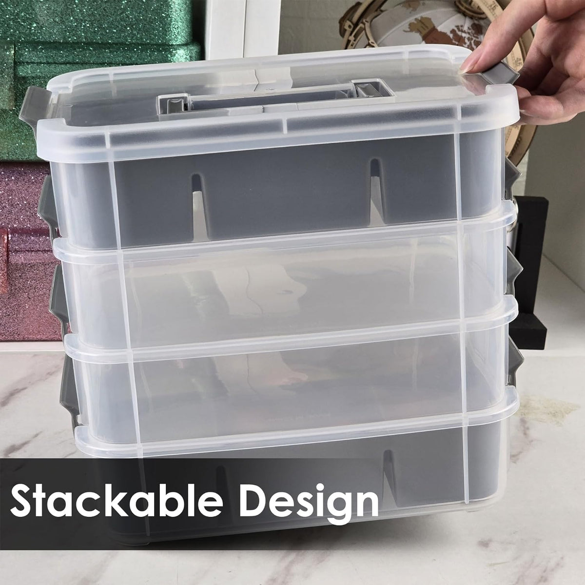 CraftGenes Grey&White Modern Plastic Storage Box - 4-Layer Durable Craft Storage Containers with 2 Removable Trays for Arts & Crafts Supplies, Sewing, Office, Seasonal Decor