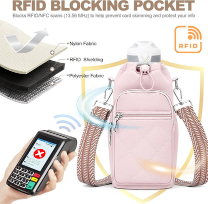 SYTRAH Water Bottle Carrier Bag with Strap, Water Bottle Purse with Phone Pocket 40oz for Walking Hiking