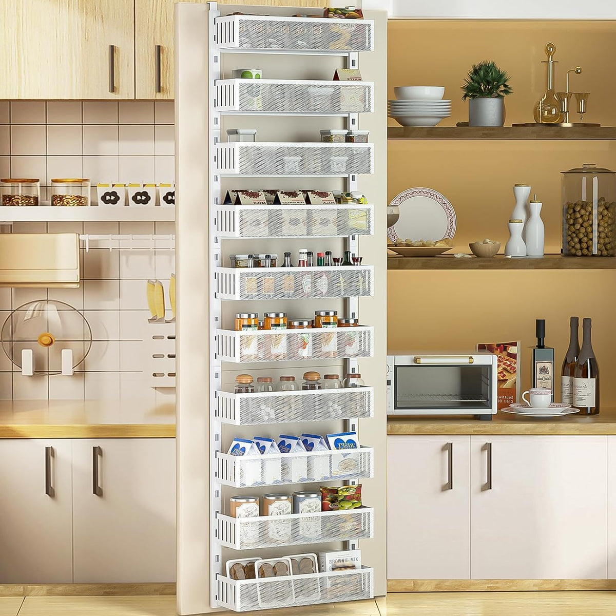6-Tier Over The Door Pantry Organizer with Mesh Baskets, Adjustable & Stable Hanging Spice Rack for Kitchen, Bathroom, Bedroom, and Baby Essentials Storage