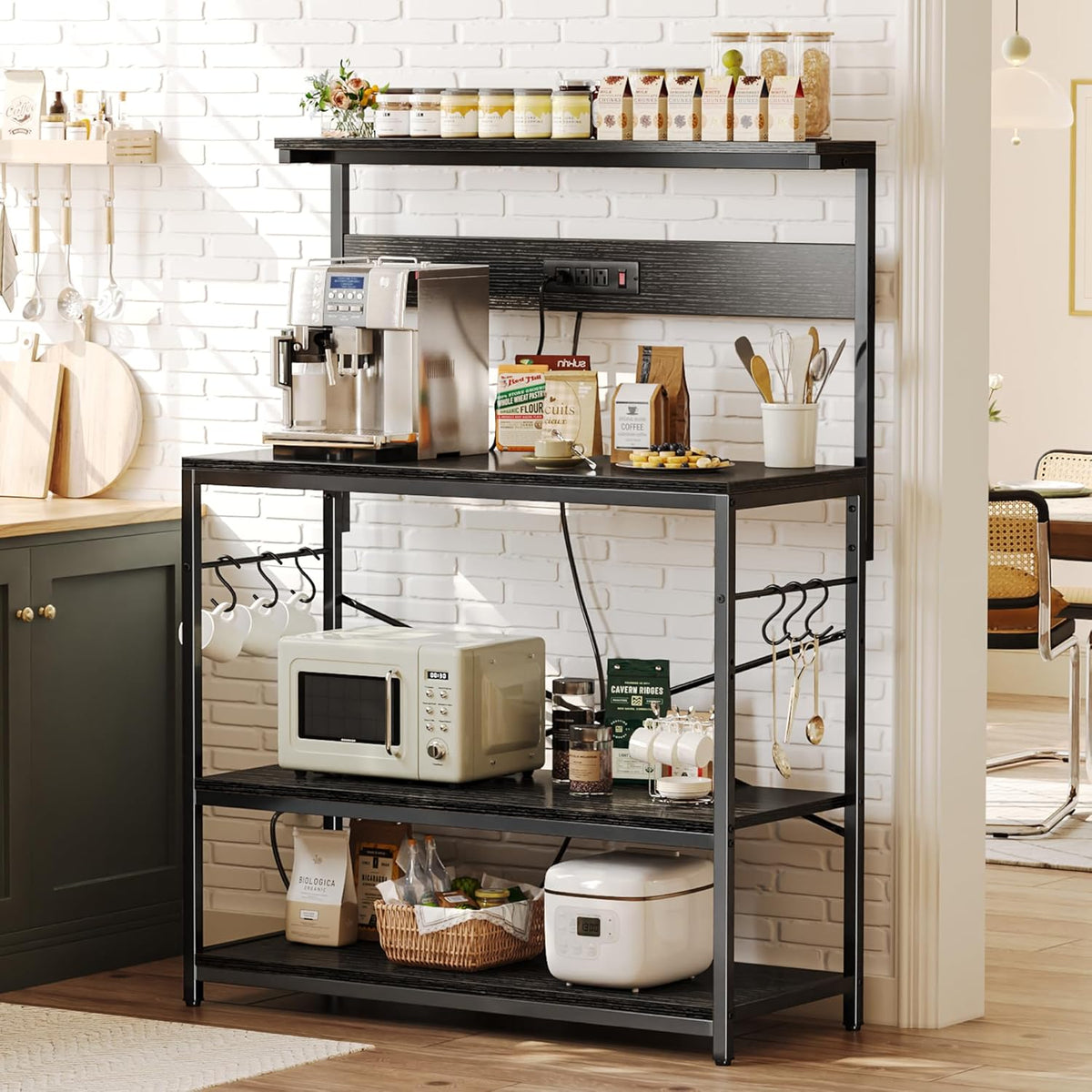 SUPERJARE Kitchen Bakers Rack with Power Outlet, Coffee Bar Table 4 Tiers, Kitchen Microwave Stand with 6 S-shaped Hooks, Storage Shelf Rack for Spices, Pots and Pans - Rustic Brown