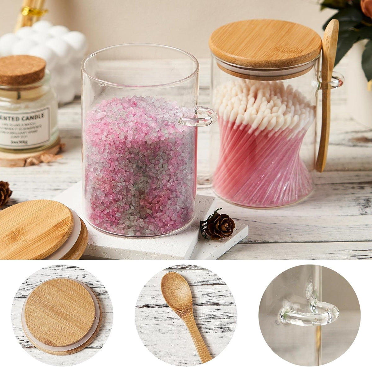 Glass Sugar Container with Spoon - 15oz Glass Jars with Bamboo Lid and Spoon, Bamboo Lid Storage Jar Canister for Coffee Beans, Spice, Brown Sugar, Tea, Flour, Nuts, Candy, Salts and More