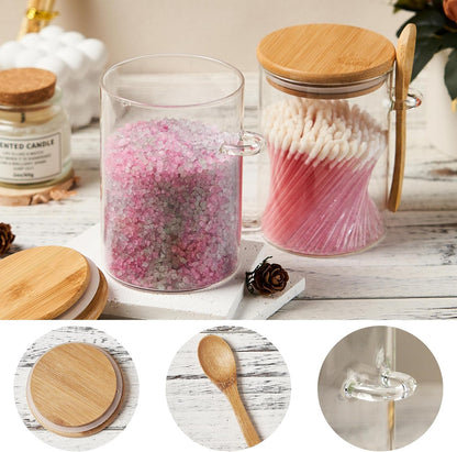 Glass Sugar Container with Spoon - 15oz Glass Jars with Bamboo Lid and Spoon, Bamboo Lid Storage Jar Canister for Coffee Beans, Spice, Brown Sugar, Tea, Flour, Nuts, Candy, Salts and More