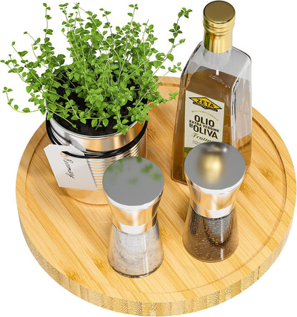 Lazy Susan Organizer, 10 Inch Non-Skid Bamboo Turntable Organizer for Salt Pepper Olive Oil and Spices Next to Stove, Wooden Lazy Susan for Table or Kitchen Countertop Organizer