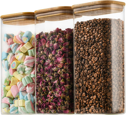 D2scrma 37oz Rectangle Airtight Glass Storage Containers with Bamboo Lids (Set of 6), Square Food Storage Jar, Pantry Organizers for Cereal, Nuts, Snacks and Coffee beans (‎with Black Lable)