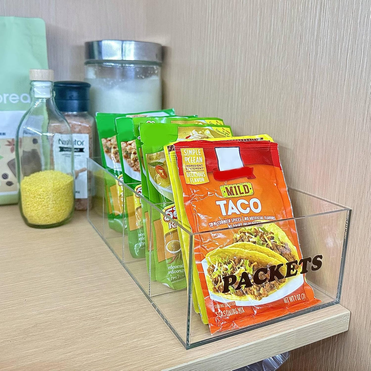 Seasoning Packet Organizer - Acrylic Packet Organizer Pantry for Sauces Spice Condiment Snack Packets with 4 Compartments, Clear Storage Caddy for Cabinet and Countertop.