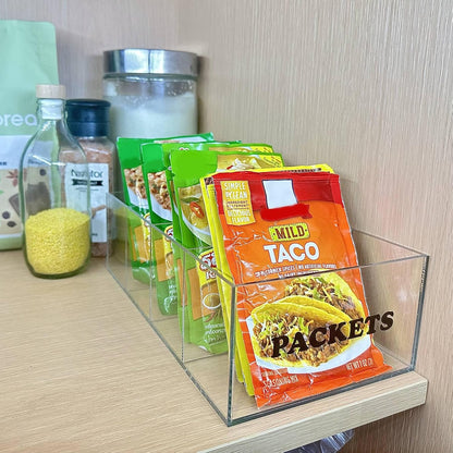 Seasoning Packet Organizer - Acrylic Packet Organizer Pantry for Sauces Spice Condiment Snack Packets with 4 Compartments, Clear Storage Caddy for Cabinet and Countertop.