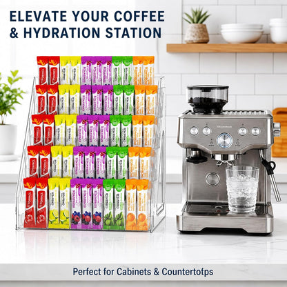3-Tier Acrylic Drink Packet Organizer with 15 Compartments, Sugar Packets Drink Mix Organizer, Water Flavor Packet Holder for Kitchen Pantry Cabinet Storage,Coffee Station