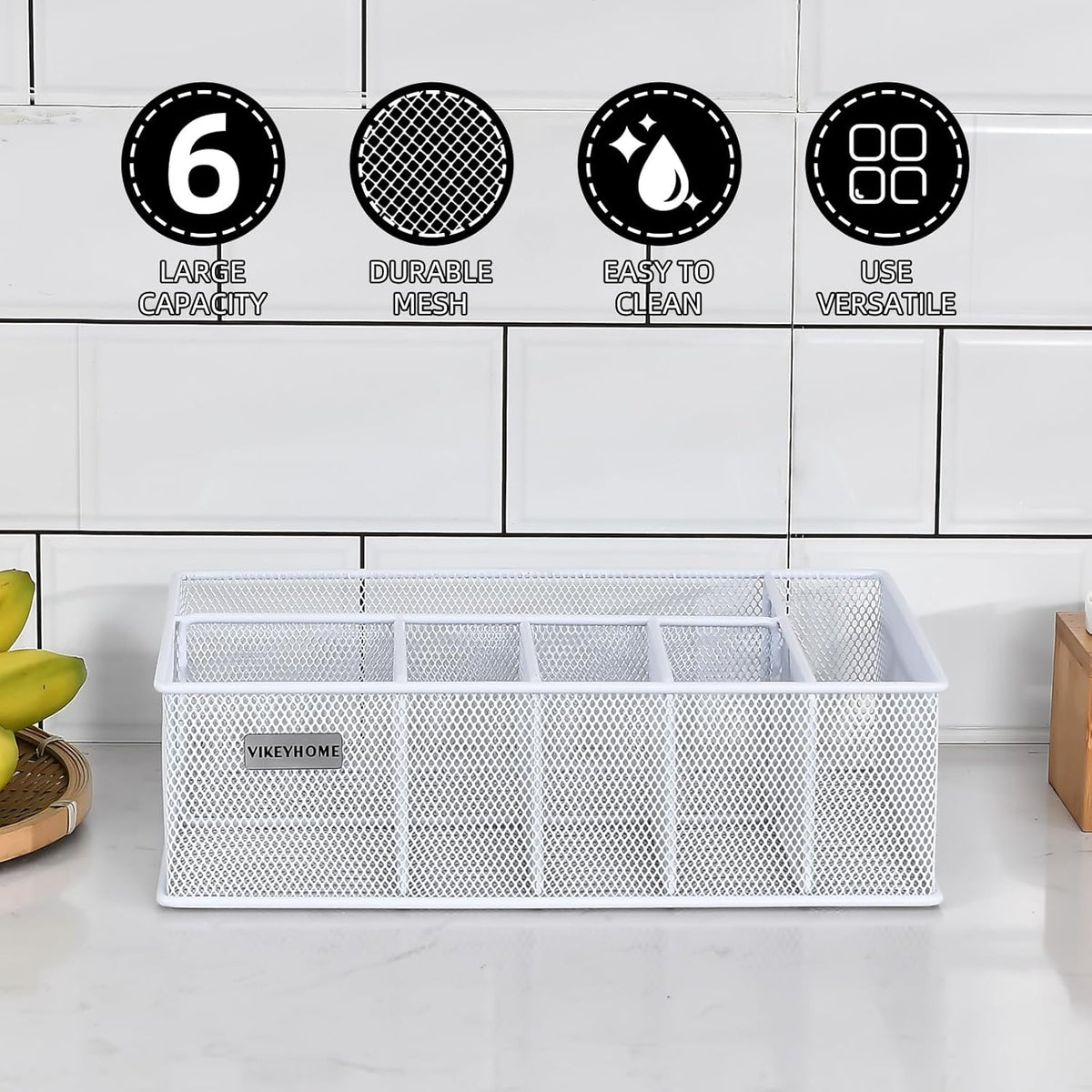 VIKEYHOME Paper Plate Organizer for Countertop, Metal Silverware Caddy with 6 Compartments for Cup, Napkin, Utensil Holder Caddy for Party, Camping, Picnic
