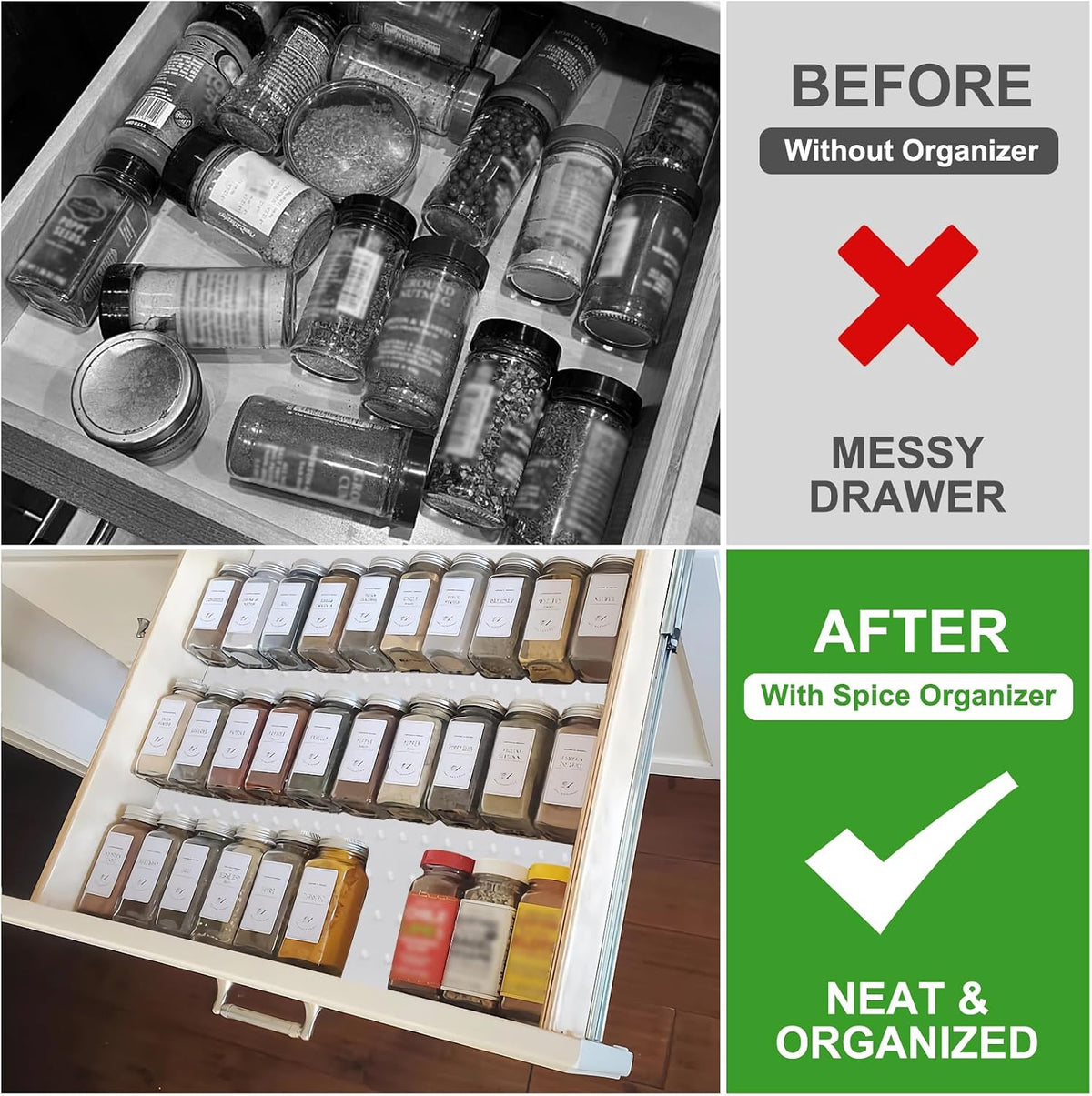 Gosmol Spice Drawer Organizer insert, Adjustable & Non-Slip Silicone Spice Drawer Liner, in Drawer Spice Organizer for Seasoning Jars and Spices Bottles -Grey