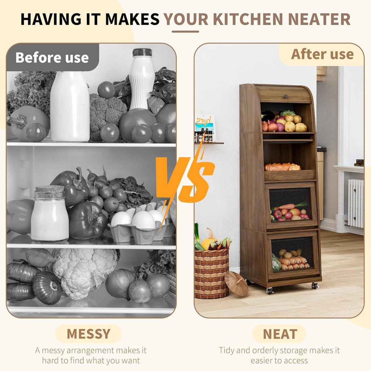4 Tier Narrow Potato Storage Bin, Tall Wood Potato and Onion Storage Bin with Wheel, Movable Fruit and Vegetable Basket, Food Small Kitchen Pantry Cabinet, Wooden Bread Box, Walnut, Sliding Door