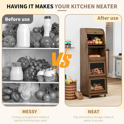 4 Tier Narrow Potato Storage Bin, Tall Wood Potato and Onion Storage Bin with Wheel, Movable Fruit and Vegetable Basket, Food Small Kitchen Pantry Cabinet, Wooden Bread Box, Walnut, Sliding Door