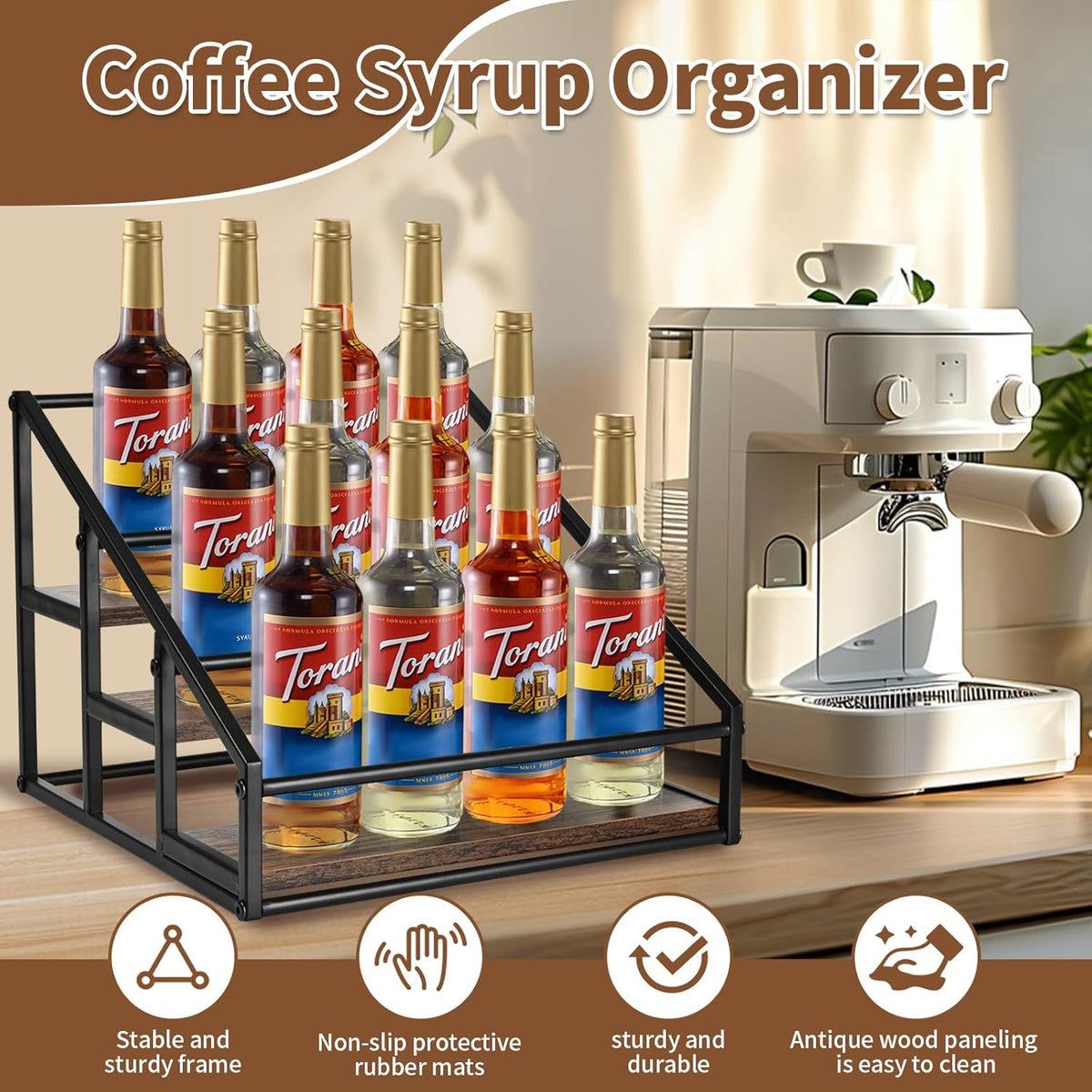 Coffee Syrup Organizer Rack, Liquor Bottle Display Shelf, Spice Racks, 4-Tier 16 Syrup Bottles Holder Stand for Coffee Bar Kitchen Small Wine Rack for Bar Family Storage for Syrup Wine Dressing