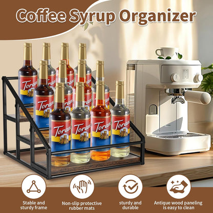 Coffee Syrup Organizer Rack, Liquor Bottle Display Shelf, Spice Racks, 4-Tier 16 Syrup Bottles Holder Stand for Coffee Bar Kitchen Small Wine Rack for Bar Family Storage for Syrup Wine Dressing