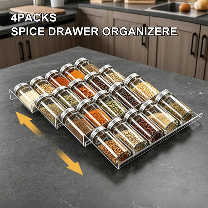 Expandable Acrylic Spice Drawer Organizer – 4-Tier Clear Seasoning Rack Insert for Kitchen Drawers, Adjustable from 9" to 18", Fits Most Spice Jars (Jars Not Included)