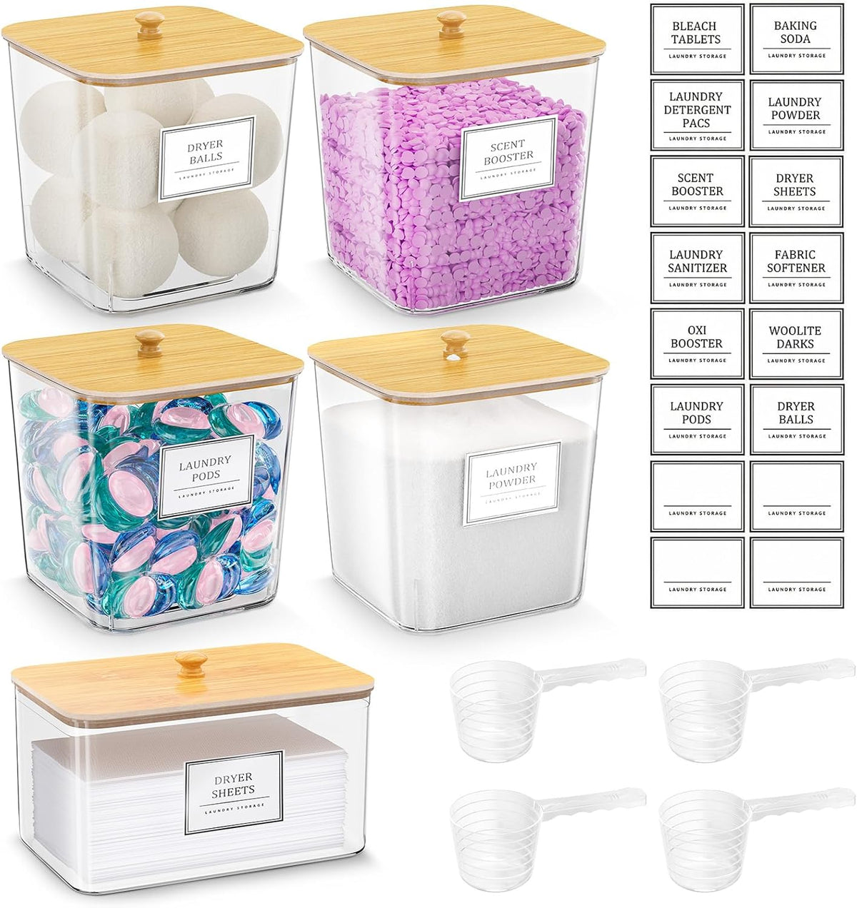 HomePekite Laundry Pods Storage Container, Clear Laundry Room Organization and Storage,Detergent Powder Container,with Wooden Lids & Labels, 3+