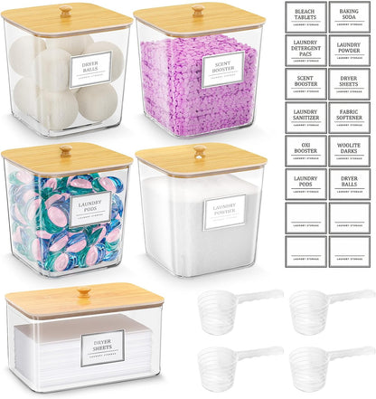 HomePekite Laundry Pods Storage Container, Clear Laundry Room Organization and Storage,Detergent Powder Container,with Wooden Lids & Labels, 3+