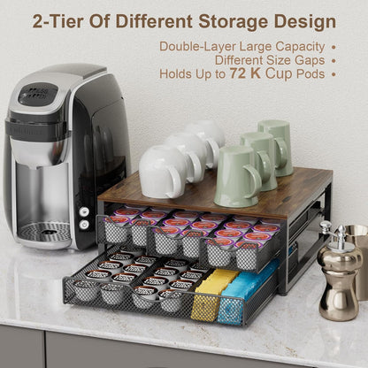 Coffee Pod Holder For Counter, 3 Pull-Out 72 K-Cup Holder Drawer, Wooden Cafe Pods Storage Organizer with Sliding Drawers for Coffee Station, Home, Kitchen, Office, Dorm (Black)