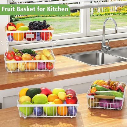 2 Tier Fruit Basket for Kitchen Counter with 2 Banana Hangers, Countertop Metal Bread Basket with Wooden Handle, Large Storage Stand for Vegetables, Snacks, Eggs, Produce Storage – Black