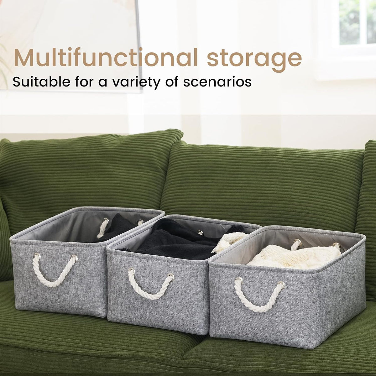 Large Storage Baskets- 15.7x11.8x8.26 inch Storage Bins for Shelves and Closet Organizing, Foldable Fabric Bin for Home Organization Clothes and Laundry (3-Pack, White&Khaki)