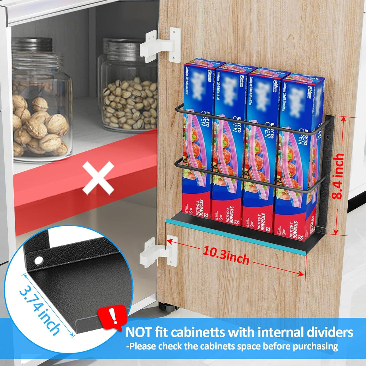 Gypie Kitchen Wrap Organizer Door Mount, Aluminum Foil Holder Cabinet Door Organizer Cabinet Storage Basket for Kitchen Wrap/Food Bag Storage, Black