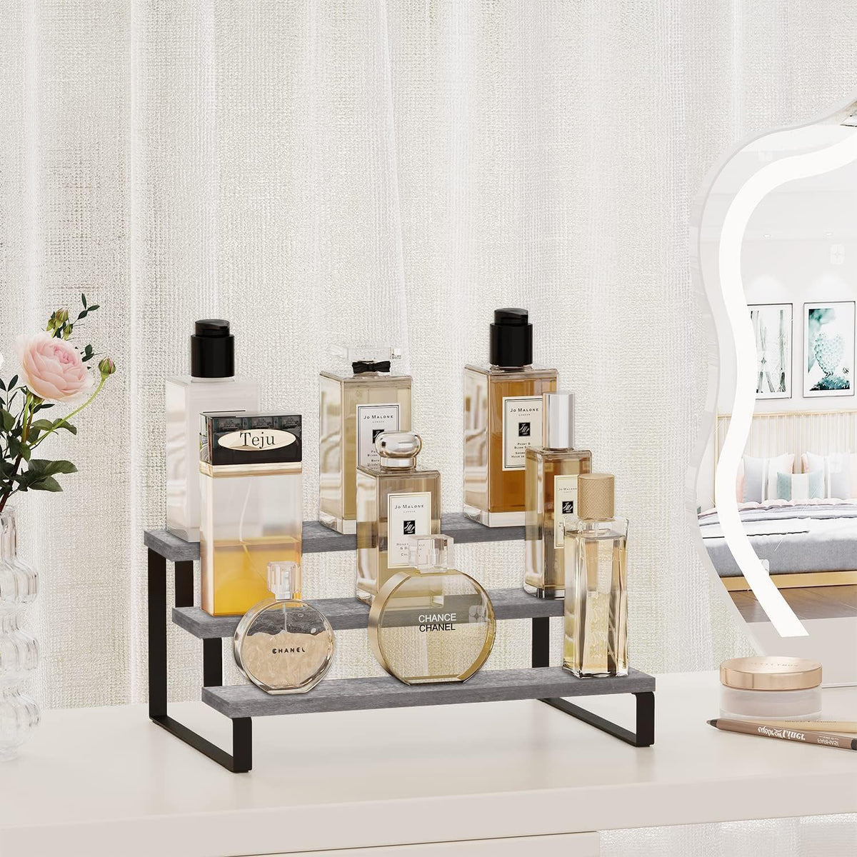 YINMIT Wooden Display Riser Stand, Tiered Perfume and Cologne Organizer Stand, 4 Tier Spice Rack Organizer, Rustic Display Shelf for Candles (4 Tier)