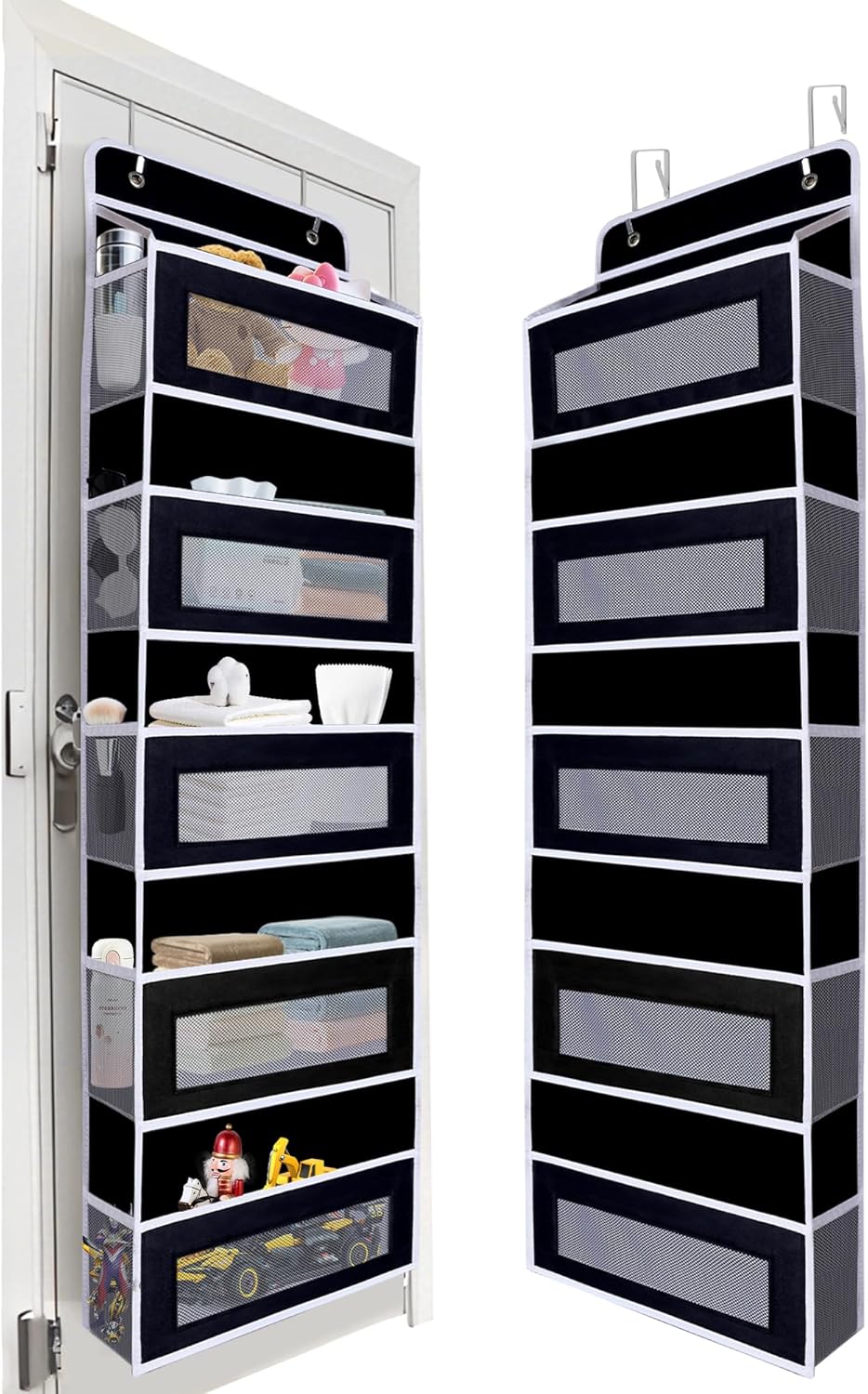 Over The Door Organizer 44LB Capacity with 5 Large Pockets & 10 Mesh Side Pockets, Clear Window Anti-Tilt Hanging Storage for Nursery, Bathroom, Pantry - Dark Grey, 1 Pack