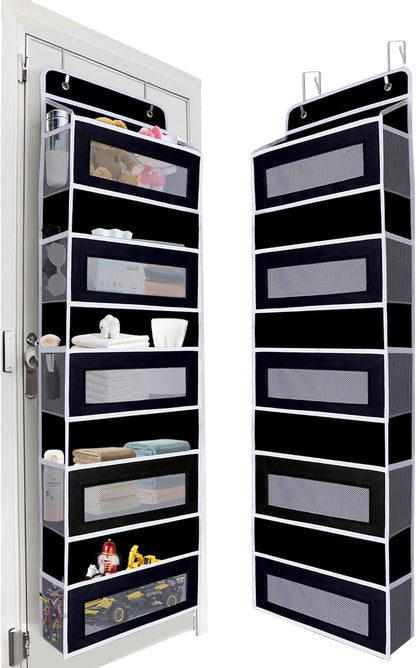 Over The Door Organizer 44LB Capacity with 5 Large Pockets & 10 Mesh Side Pockets, Clear Window Anti-Tilt Hanging Storage for Nursery, Bathroom, Pantry - Dark Grey, 1 Pack