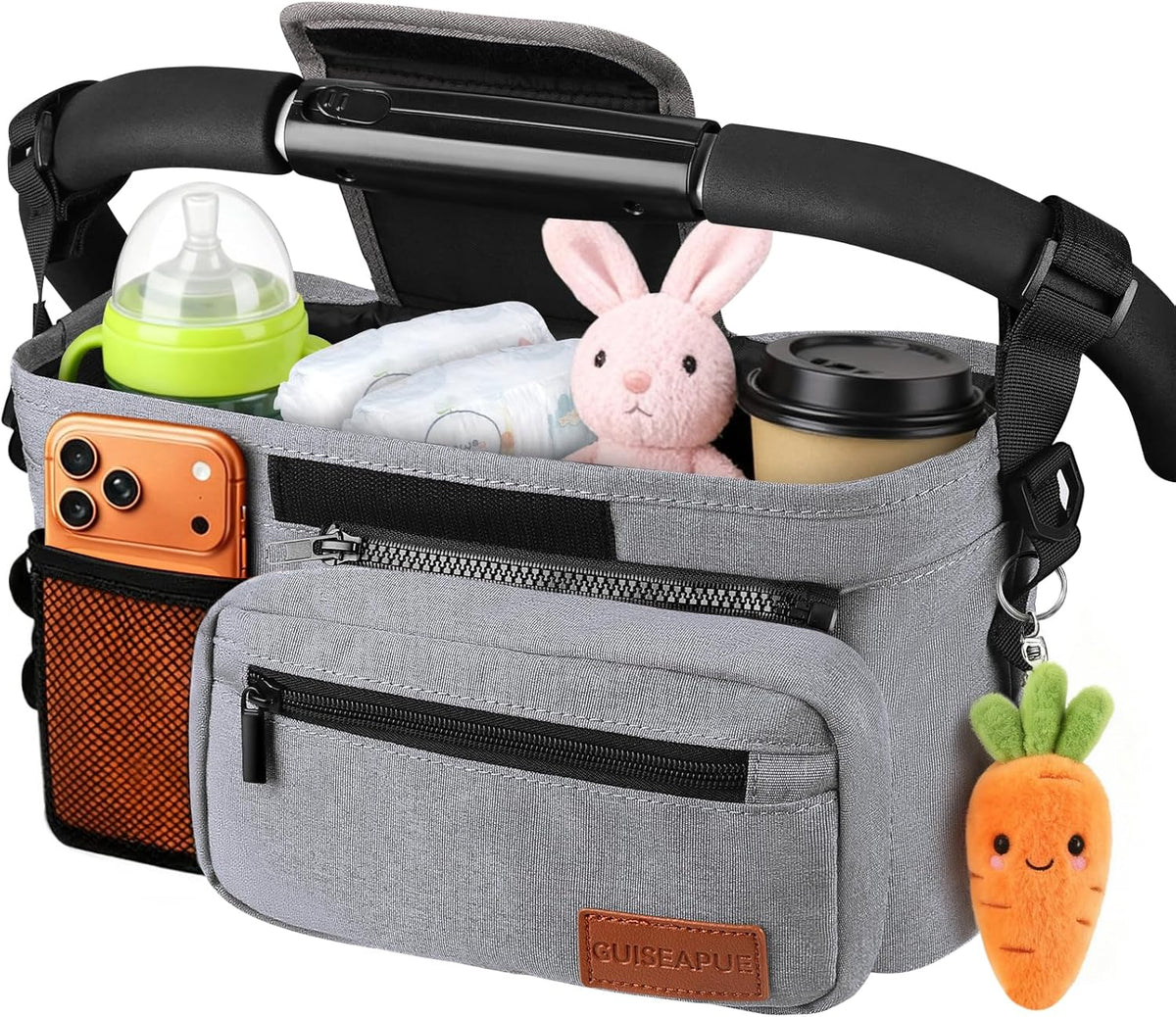 Guiseapue Universal Stroller Organizer with Cup Holder: Baby Essentials, Stroller Caddy Accessories with Detachable Phone Bag, Non-Slip Straps, Fits for Uppababy, Baby Jogger, New Moms Baby Gifts