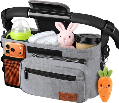 Guiseapue Universal Stroller Organizer with Cup Holder: Baby Essentials, Stroller Caddy Accessories with Detachable Phone Bag, Non-Slip Straps, Fits for Uppababy, Baby Jogger, New Moms Baby Gifts