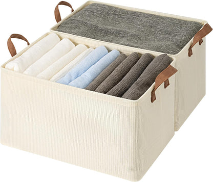 StorageWorks Storage Bins, Shelves Baskets for Organizing, Fabric Closet Organizers with Handles, Metal Frame, Beige-Cotton-linen, 2-Pack
