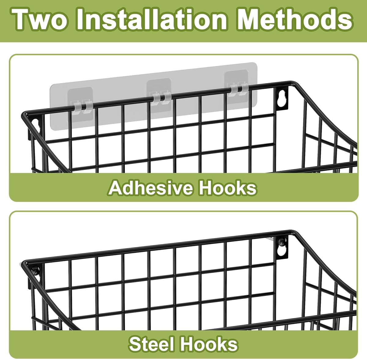 Wall Mounted Bin Basket with 5 Hooks 3 Label Plate Adhesive-3 Pack, Cabinet Hanging Metal Wire Basket,Rustic Farmhouse Decor, Storage Organization Shelf for Pantry Kitchen Bathroom 10.6*7.5*5.1inch