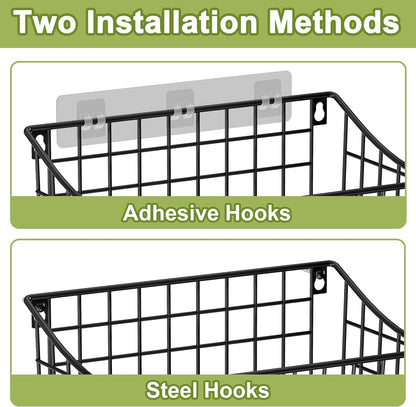 Wall Mounted Bin Basket with 5 Hooks 3 Label Plate Adhesive-3 Pack, Cabinet Hanging Metal Wire Basket,Rustic Farmhouse Decor, Storage Organization Shelf for Pantry Kitchen Bathroom 10.6*7.5*5.1inch