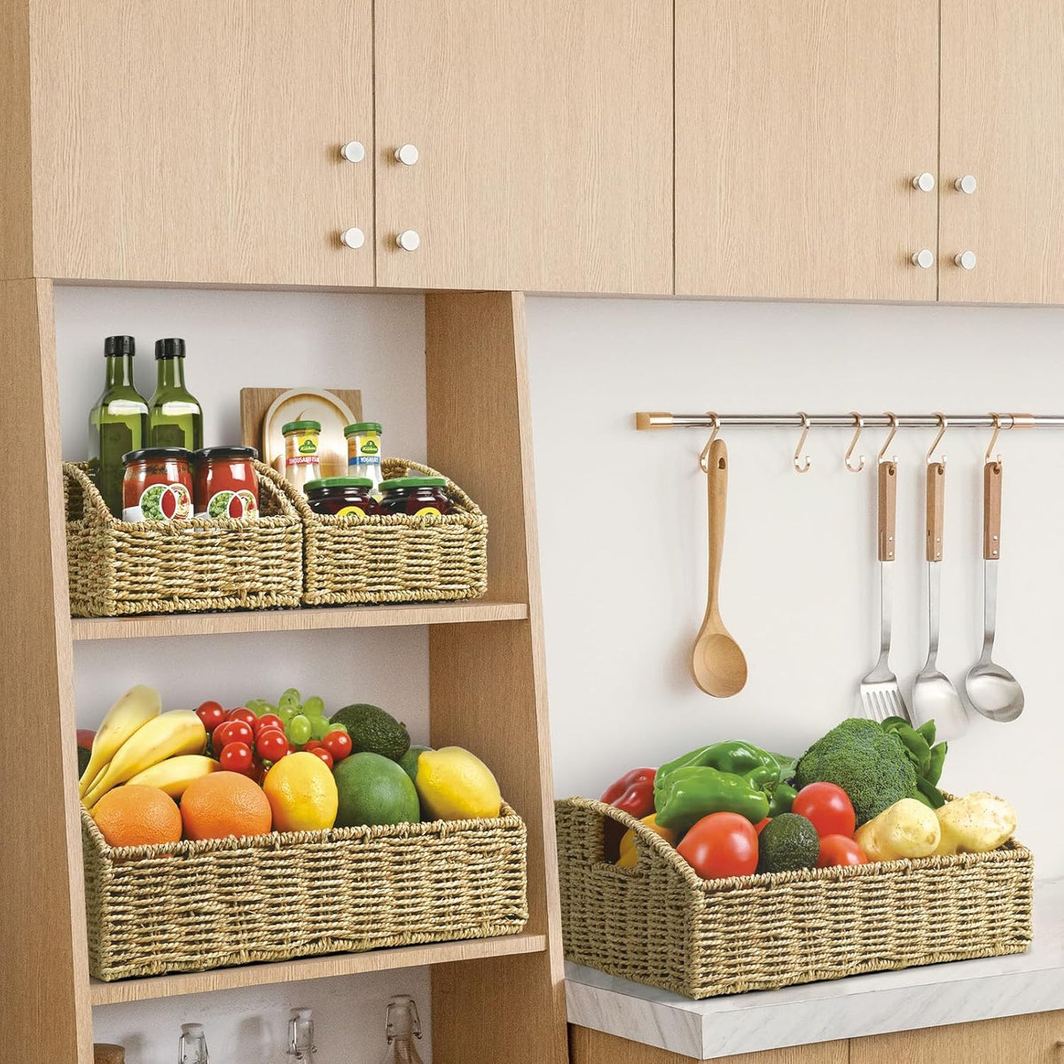 Rattan Storage Baskets, Handwoven Wicker Storage Bins with Built-in Handles, Storage Container Baskets for Shelves, Bedroom, Bathroom, Laundry Room or Kitchen(Natural)