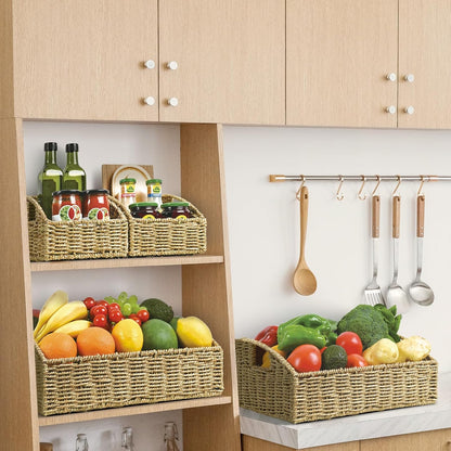Rattan Storage Baskets, Handwoven Wicker Storage Bins with Built-in Handles, Storage Container Baskets for Shelves, Bedroom, Bathroom, Laundry Room or Kitchen(Natural)