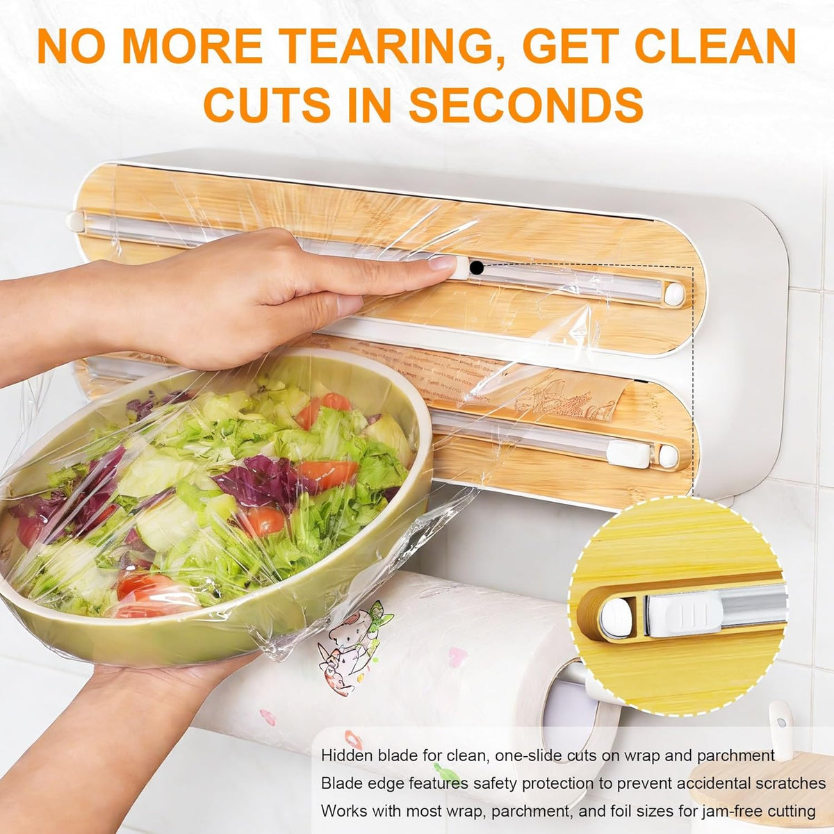 4in1 Plastic Wrap Dispenser with Cutter Aluminum Foil Organizer Wrapping Paper Storage and Kitchen Towel Holder Ideal for Kitchen Organization and Countertop Space Saving
