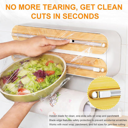 4in1 Plastic Wrap Dispenser with Cutter Aluminum Foil Organizer Wrapping Paper Storage and Kitchen Towel Holder Ideal for Kitchen Organization and Countertop Space Saving