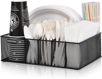 VIKEYHOME Paper Plate Organizer for Countertop, Metal Silverware Caddy with 6 Compartments for Cup, Napkin, Utensil Holder Caddy for Party, Camping, Picnic