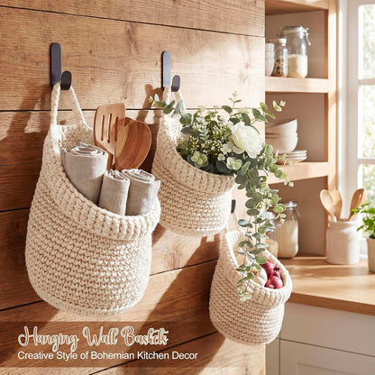 Honeydak Boho Decor Hanging Wall Baskets for Kitchen 3 Pack Teardrop Baskets with Hooks Storage Fruit Onion Vegetable Potato for Home 3 Sizes(Linen,Teardrop,Jute)